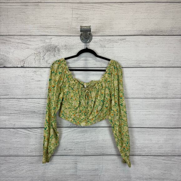 Aerie Women's Green Floral Long Sleeve Crop Blouse Size Medium - Picture 1 of 7